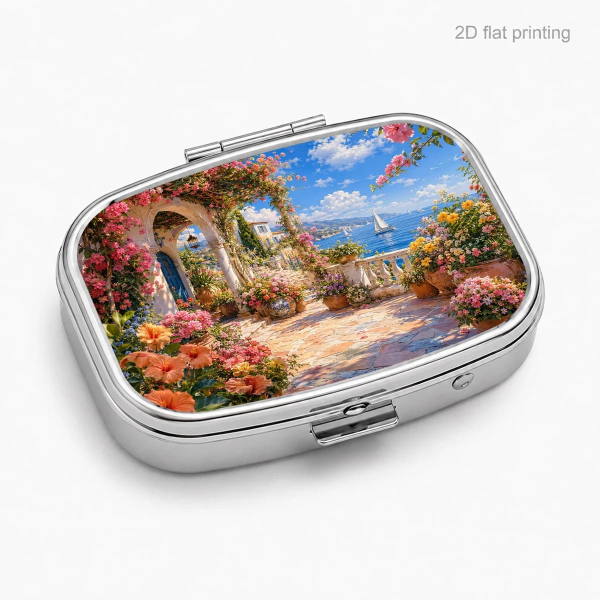 Single pack, flat print, pink floral arch, door, sea view, sailboat, portable case, for daily travel use, square moisture-proof small box, storage box for vitamins and supplements, small waterproof jewelry organizer