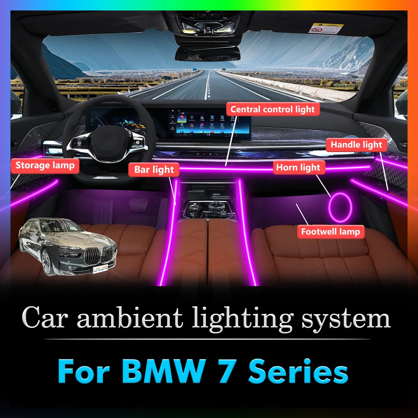 Kit 10 in 1 per BMW Serie 7 F01 F02 F03 F04 G11 G12 G70 G73, Luci Ambientali Interne per Auto, 64 Colori, Strisce LED Neon per Atmosfera Auto
