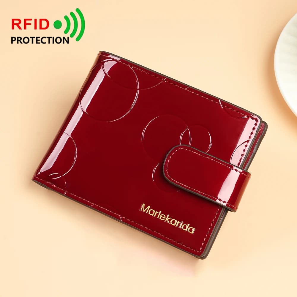 Portafogli da donna alla moda Porta carte con blocco RFID in pelle verniciata Portafogli da donna Portafoglio corto bifold con borse da tasca per monete