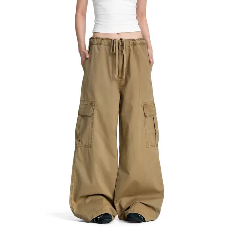 American Straight Vintage Cargo Pants For Men Multi Pocket Drawstring Loose Wide Leg Streetwear Casual Trousers AGAL
