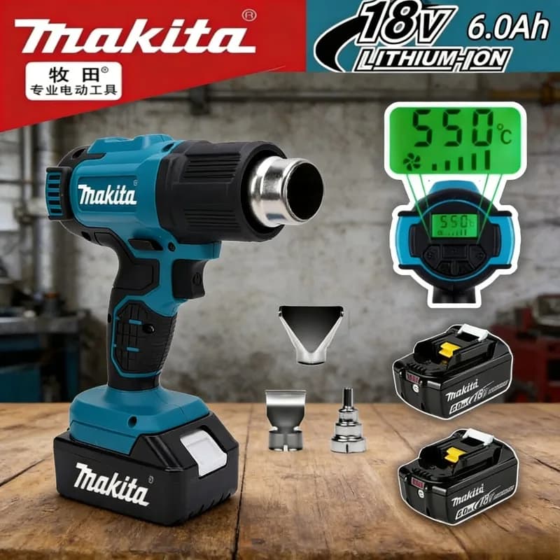 Pistola Termica Makita Senza Fili con Controllo della Temperatura, Pistola ad Aria Calda Portatile 550 ° Soffiatore Termico per Saldatura con Display LED 18V