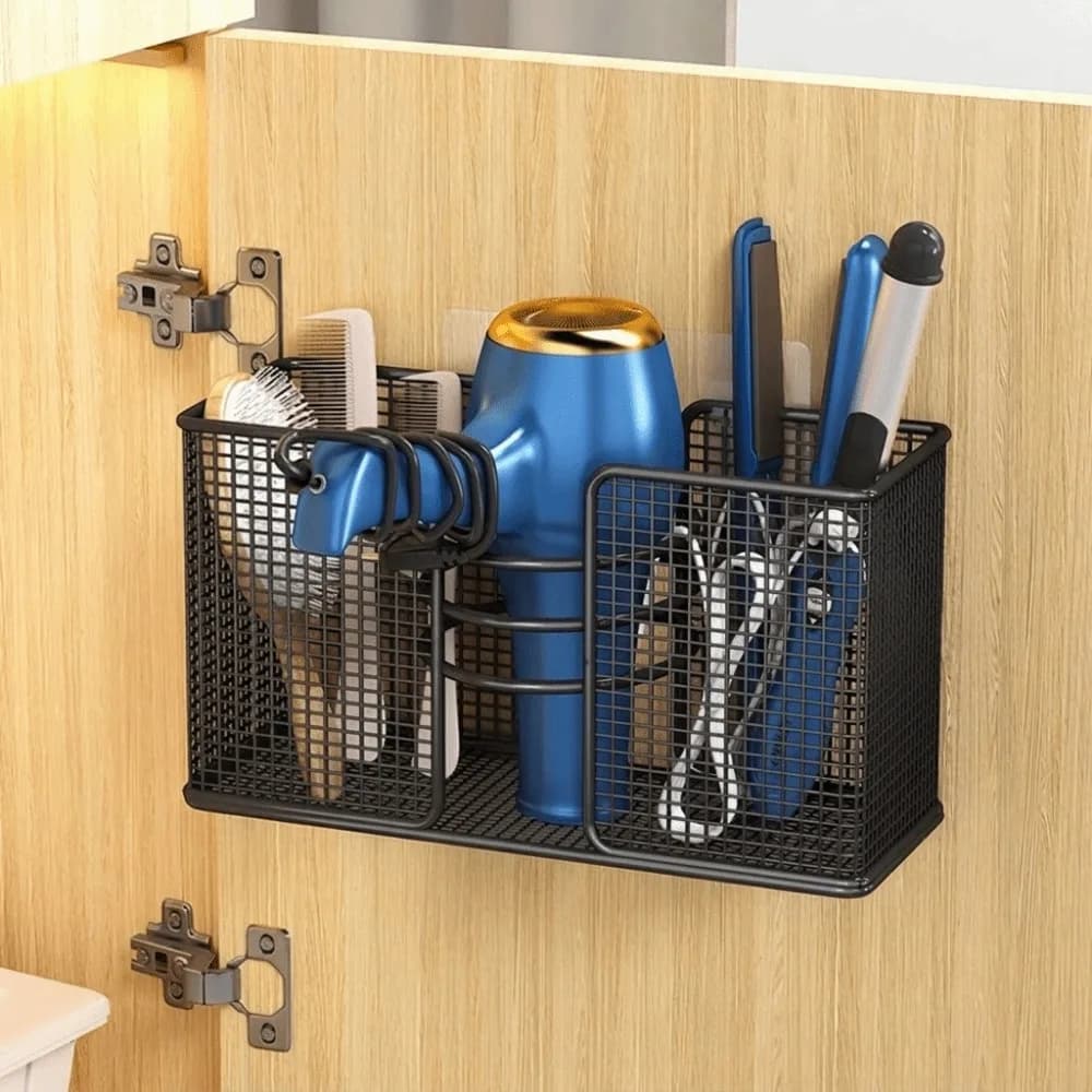 Wall Mounted Hair Dryer Storage Rack No-Drill Iron Comb Curling Storage Rack Space Saving Large Capacity Plastic Wrap Holder