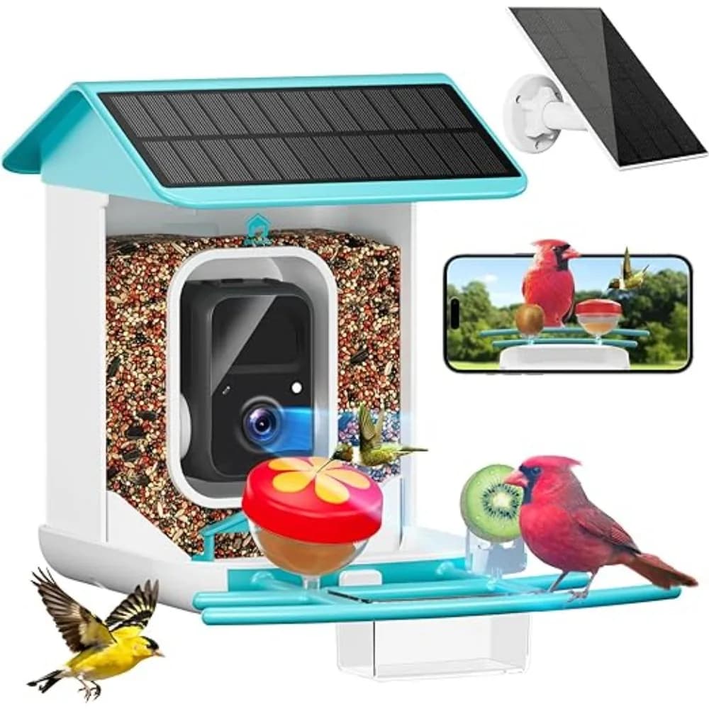 Mangiatoia per uccelli intelligente con fotocamera-AI identifica oltre 11.000 specie, video per uccelli con acquisizione automatica 2K HD e scheda TF 64G, wireless ad energia solare