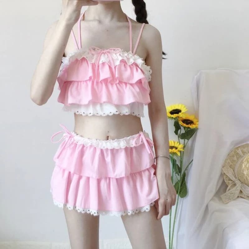 Japanese Sweet and Cute Swimsuit Set Early Autumn Girl Style Hot Spring Resort Beach Women's Swimsuit Set