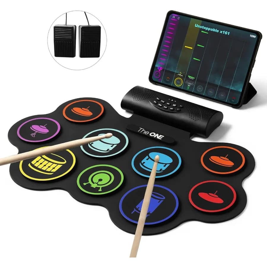 Set di Batteria Elettronica Arrotolabile con 9 Pad, App Gratuita, Doppi Altoparlanti Integrati, Bacchette, Pedali, Bluetooth MIDI, Nero, Ottima Idea Regalo per Natale
