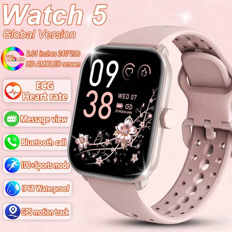 Nuovo Smartwatch 5 per Donne con Schermo AMOLED, Fitness Tracker, Cardiofrequenzimetro, ECG, GPS, Impermeabile, Chiamate, Compatibile con iOS e Android