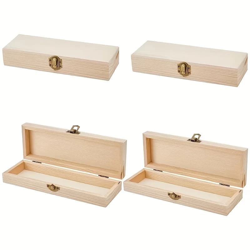 Set of 4 Wooden Boxes for Jewelry, Artist Tools, And Brush Storage, Featuring a Small Pencil Case with a Locking Clasp, Perfect