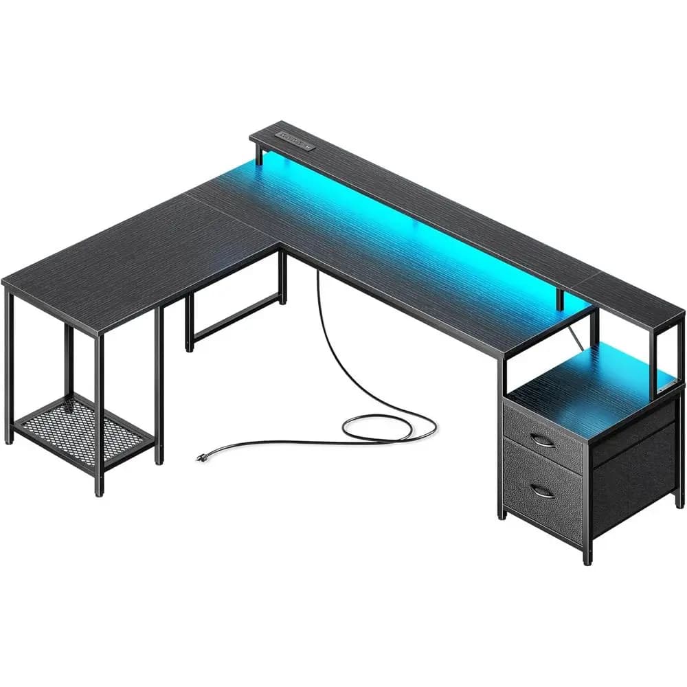 Scrivania da Gaming a L da 66 Pollici con Luci LED e Prese di Corrente, Scrivania per Computer con Ripiani in Tessuto e Supporto per Stampante, Scrivania per Ufficio, Supporto per Monitor