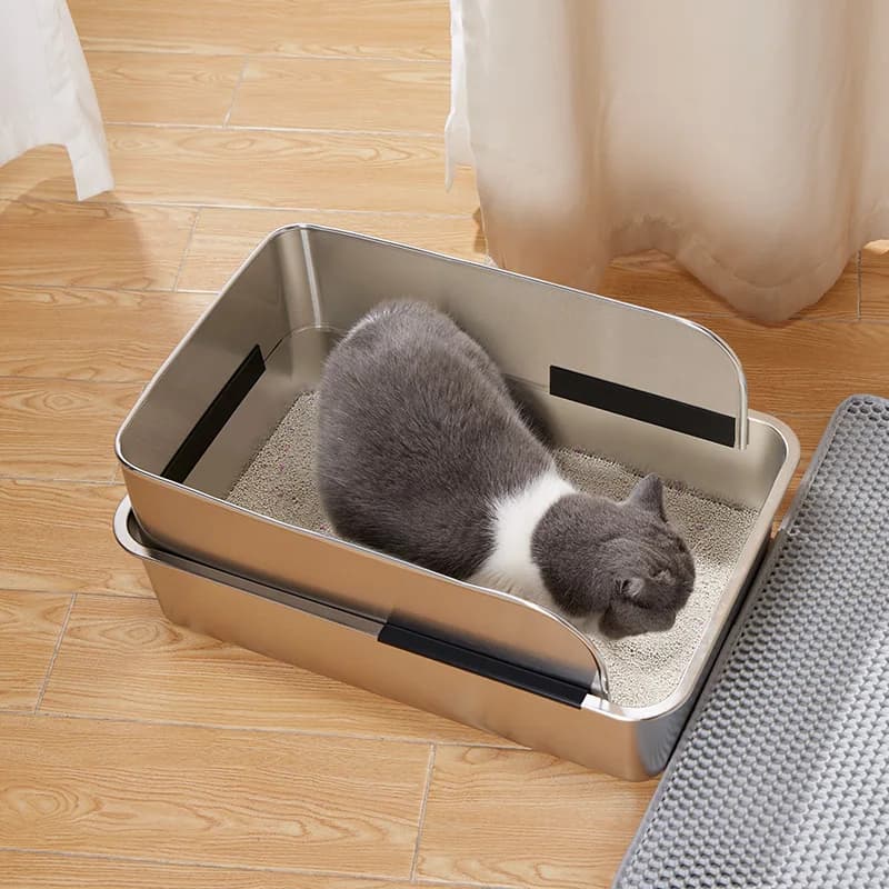 Lettiera per gatti in acciaio inossidabile 2025 Padelle per gatti semi chiuse antiaderenti Toilette per animali domestici a prova di odore e antispruzzo con lati alti