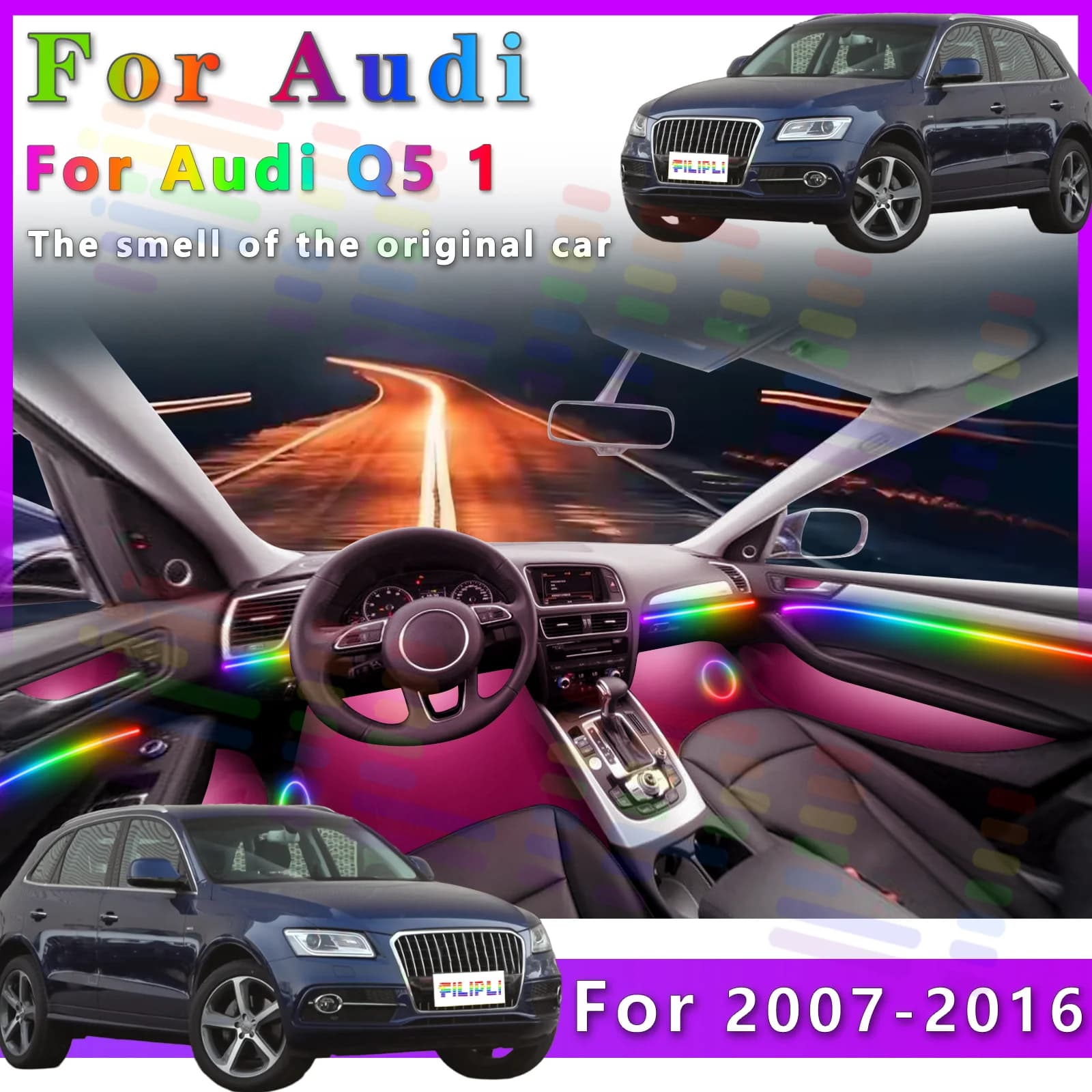 Per Audi Q5 2007-2016Y Personalizza l'interno della tua auto con strisce luminose a LED nascoste per interni auto dotate di 64 colori APP