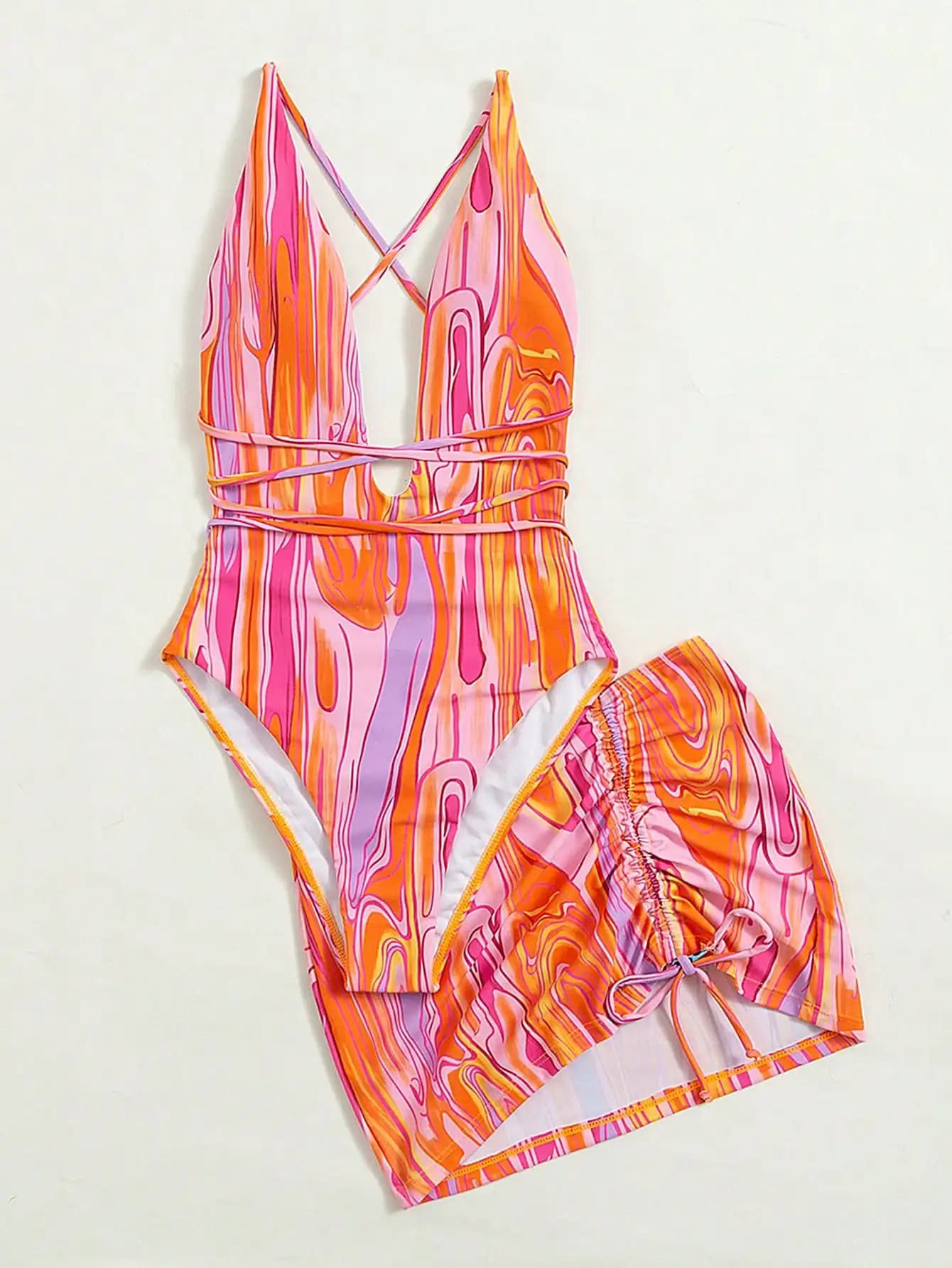 Costume intero scollato con motivo astratto fluido e copricostume da spiaggia