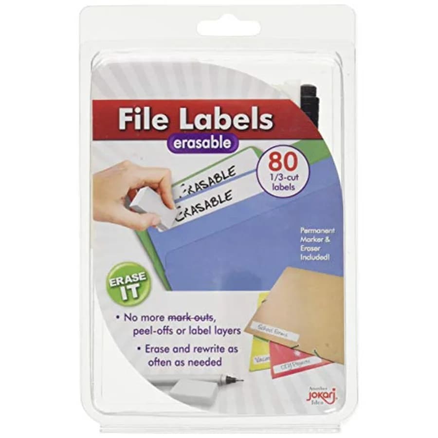 Label Once Erasable File Folder Labels Starter Kit 80 Reusable 1/3-Cut Labels with Permanent Marker and Eraser Writable and Rew