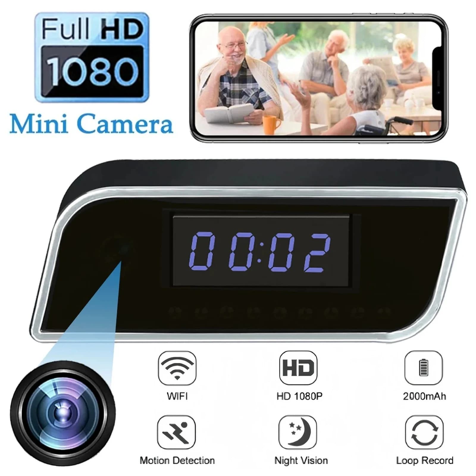 Mini Telecamera WiFi Wireless Ultra HD con Orologio Digitale, Visione Notturna, Rilevamento Movimento e Visualizzazione Remota per Casa