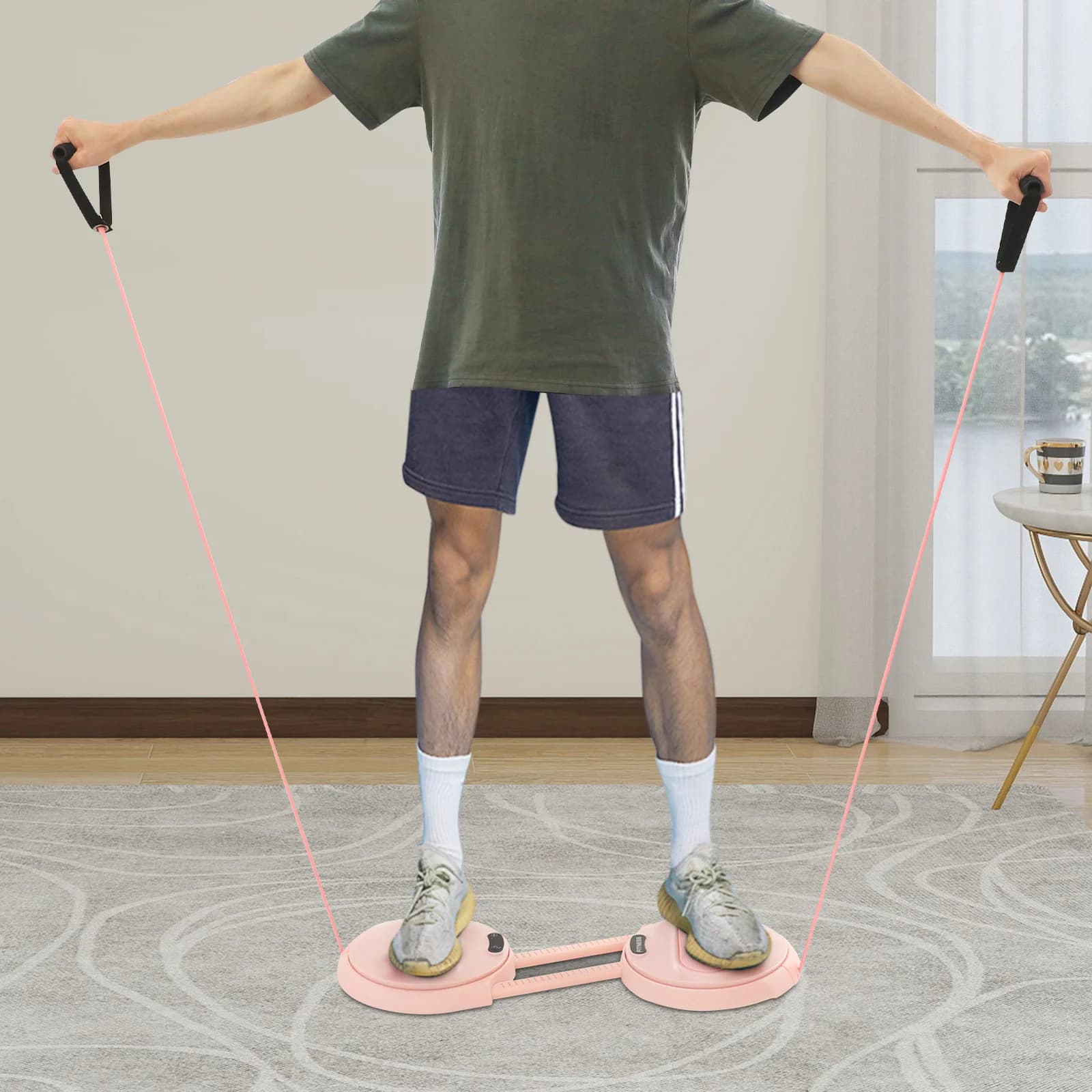 Macchina per Esercizi Addominali con Contatore LCD e Bande di Resistenza, Grigio/Rosa, Attrezzo per Allenamento Core e Fitness Domestico