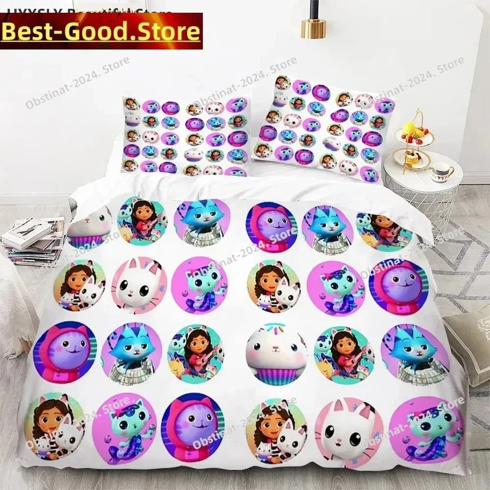 G-Gabby Cartoon Dollhouse Set biancheria da letto Stampato singolo Piumino Trapunta Copripiumino Federa 3 pezzi Bambini Taglia adulto