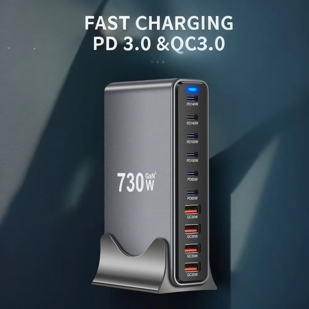 Nuovo caricatore da tavolo GaN da 730 W Caricatore 3.0 USB-C PD 10 porte 6C4A Ricarica rapida per cellulari e tablet Compatto e portatile