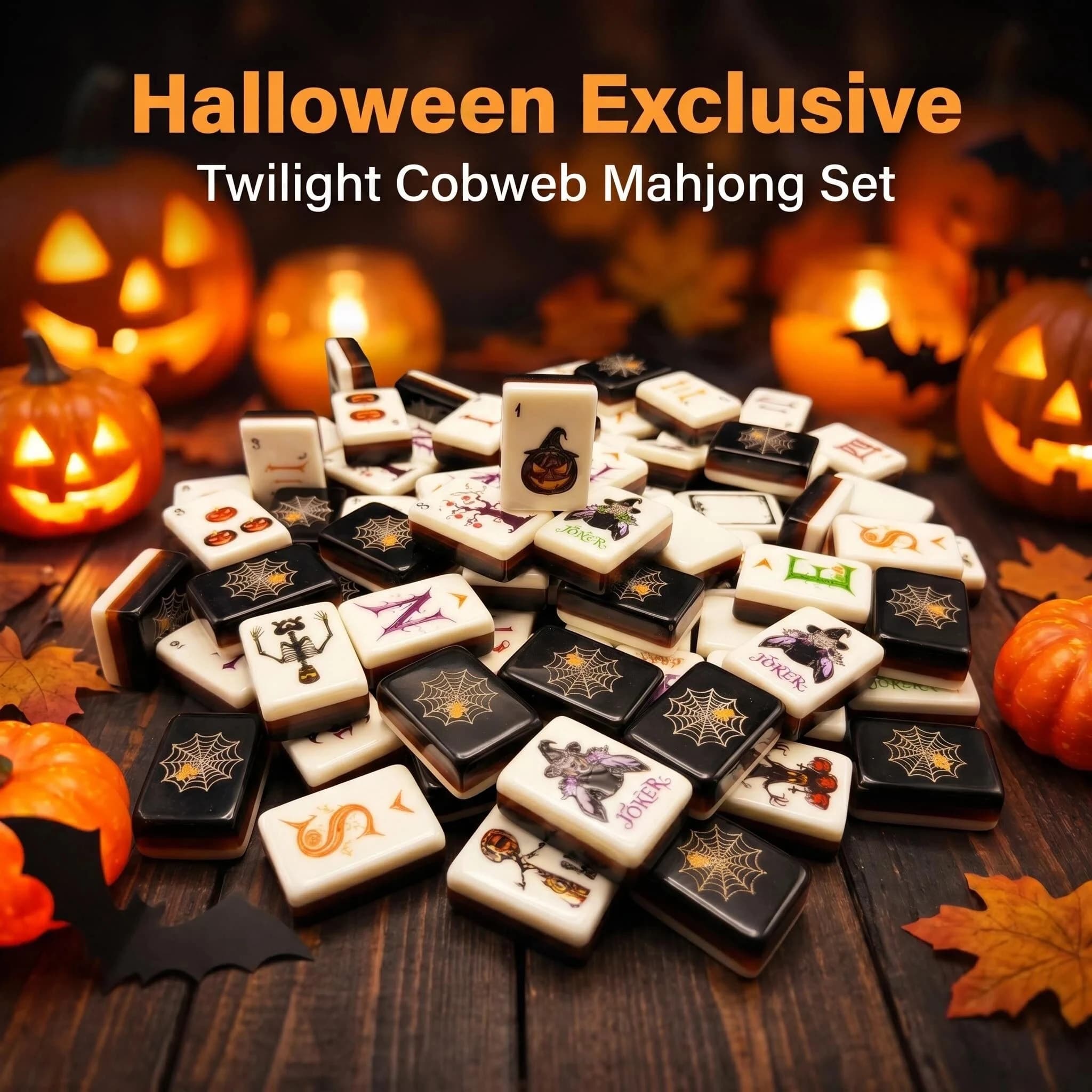 Premium Halloween American Mahjong Set with Spooky Pumpkin Witch Hat Pattern Luxury Solid Acrylic 160 Pieces Gift for Fun