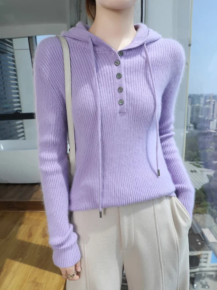 Maglione con cappuccio in puro cashmere visone al 100% da donna Colletto con cappuccio con bottoni Pullover lavorato a maglia Giacca versatile casual Felpa con cappuccio addensata calda