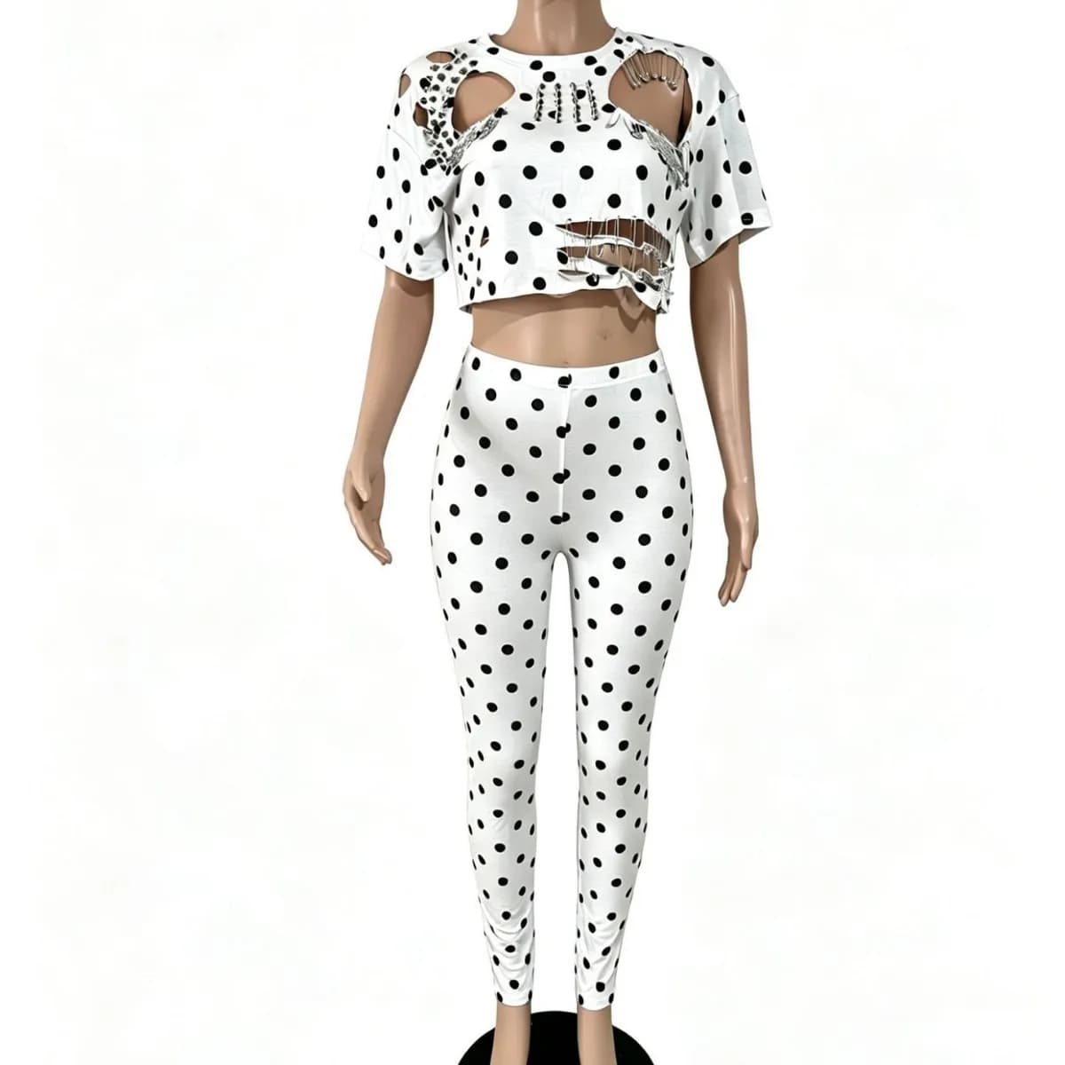 Sexy Y2K Chic Polka Dot Women 2 Piece Sets 2026 Fashion Irregular Cutout Metal Pin Short Sleeve Crop Top and Legging Pant Outfit