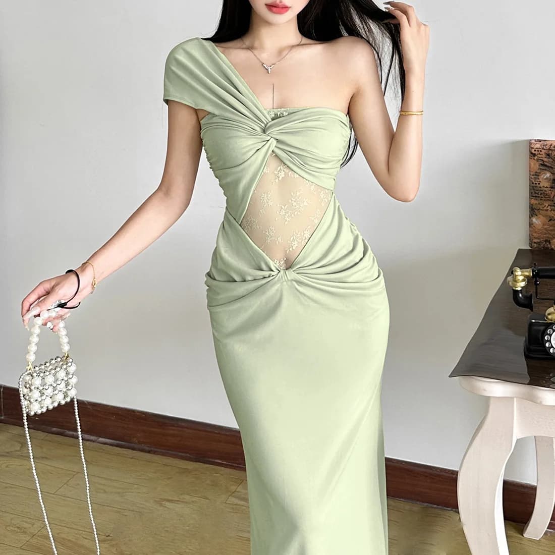 Cross-Border Style Summer New Pure Color Hollow out Lace Pattern Asymmetrical Shoulder Pleated Long Dress Women's Dress