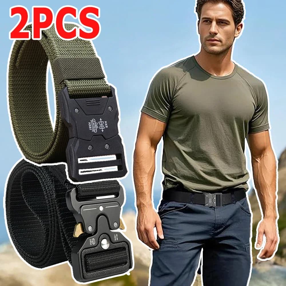 2 pezzi - Cintura tattica da uomo, stile militare, da lavoro, da escursionismo, robusta - Cintura con fibbia in metallo a sgancio rapido resistente