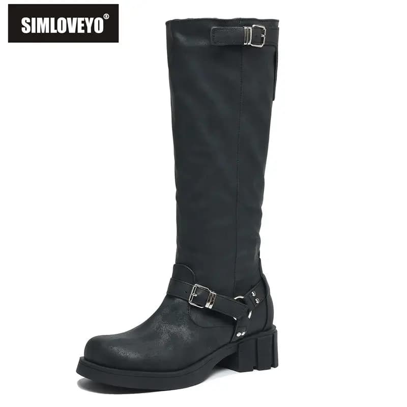 SIMLOVEYO 2025 Women's Vintage Boots Round Toe Heels 5 cm Sliding on belt straps Plus Size 41 42 43 Casual knee boots