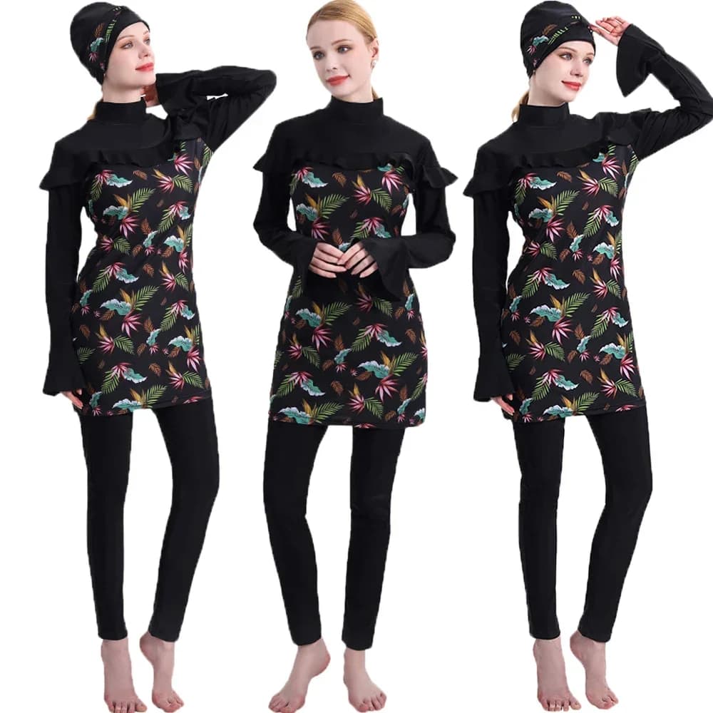 Islamic Burkini Muslim swimsuit Set of 3 pieces Print Conservator Muslim Femme Modestia Long sleeve with headset Hijab Swimwear