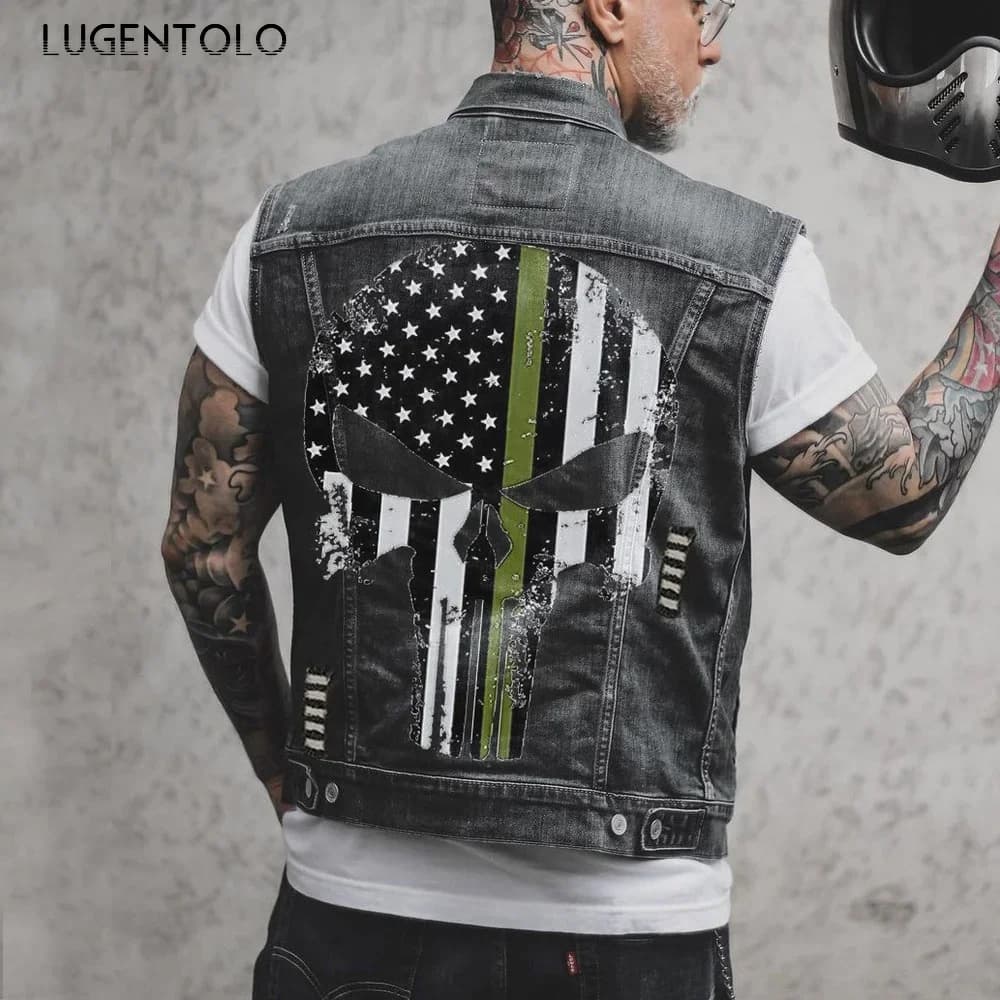 Skull Jean Jacket Men gilet in Denim da moto gilet Streetwear primavera estate di grandi dimensioni