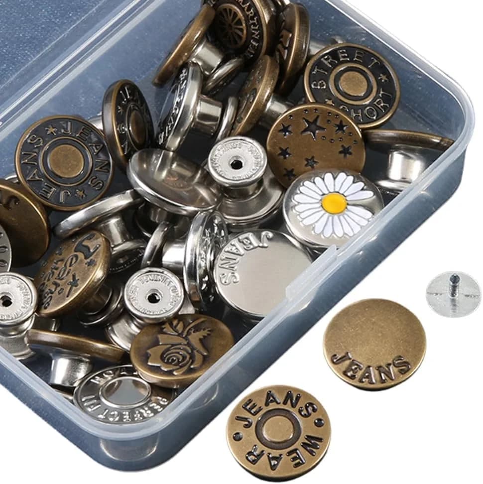 20 Sets 0.67 Inch No-Sew Metal Jeans Button Replacement Kit, Removable Denim Snap Buttons with Rivets, Threads, Screwdriver and Storage Box, Repair Accessories for Pants and Jackets
