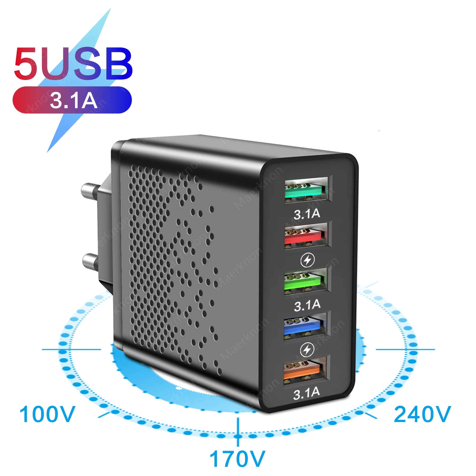 Caricatore USB da Muro a 5 Porte 48W con Ricarica Rapida QC 3.0, Adattatore EU/US per iPhone Samsung Xiaomi Huawei, Alimentatore per Telefoni Cellulari