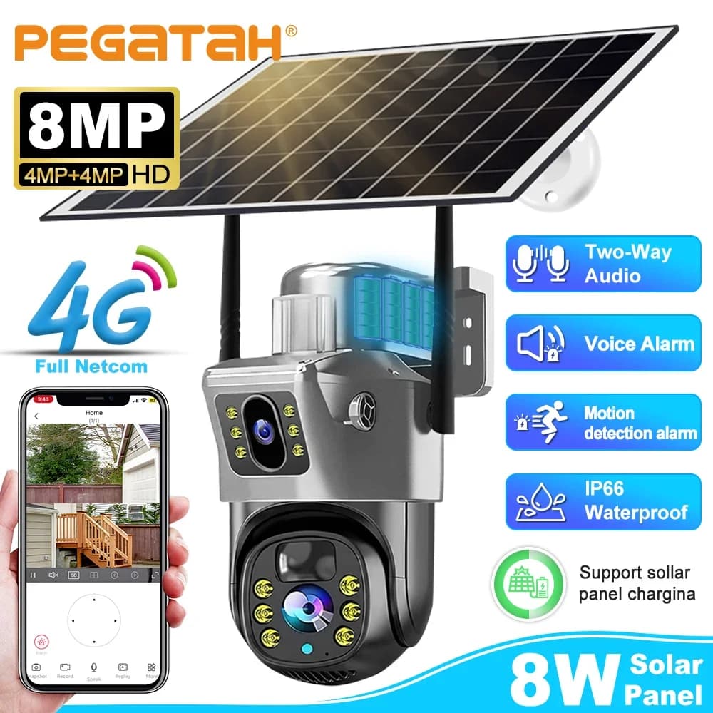 Telecamera Solare 4G 4K 8MP con Doppio Schermo, PTZ Wireless per Esterni, Doppia Lente, Protezione di Sicurezza, Tracciamento Automatico, Telecamere CCTV PIR V380