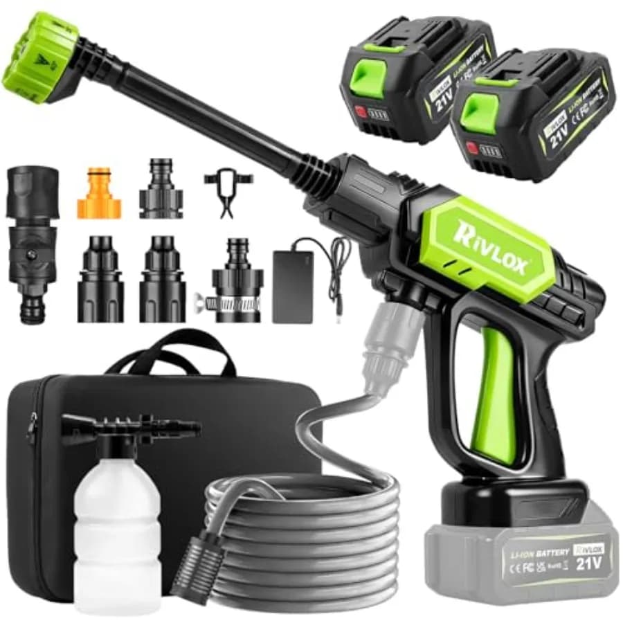 Idropulitrice a batteria 1500 PSI portatile con ugello 6-in-1, idropulitrice manuale con 2 batterie e cavo da 5m (16.4FT) ad alta efficienza