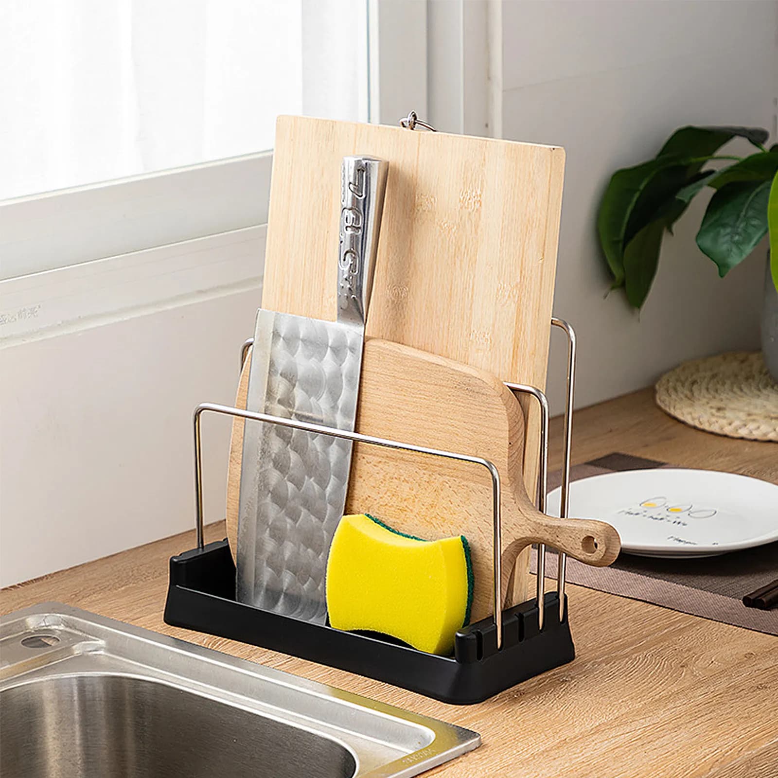 Portaoggetti da Cucina Regolabile in Metallo e Plastica con Tre Barre, Porta Coperchi, Taglieri e Asciugamani, Salvaspazio