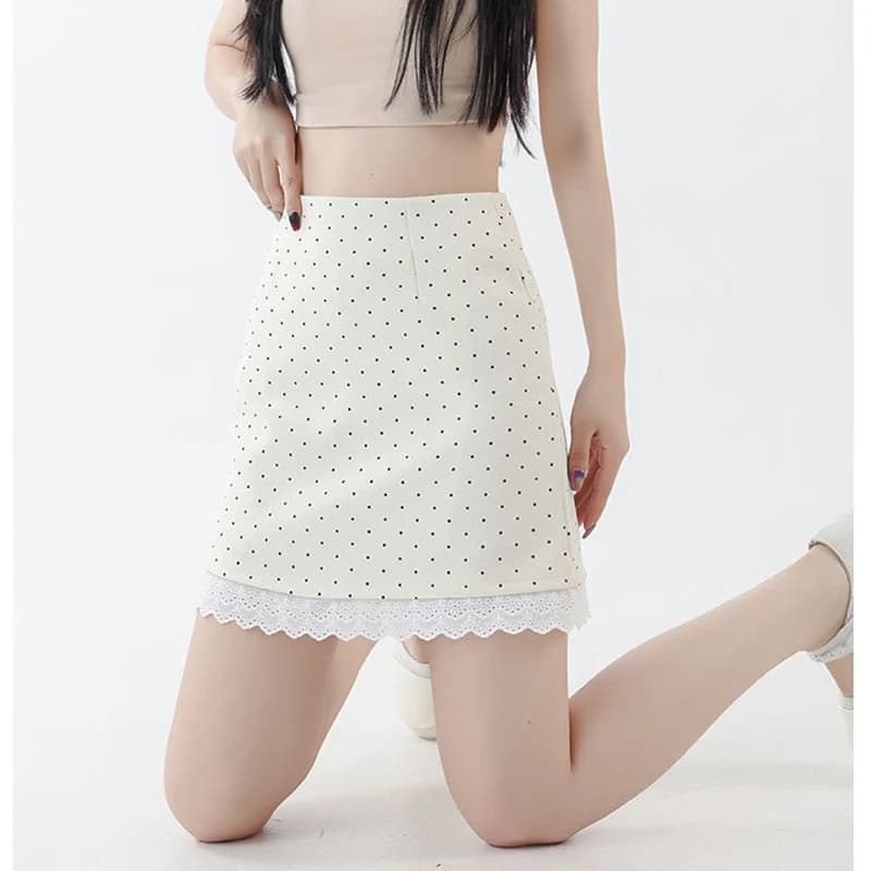 2026 Girls Sweet Lace Patchwork High Waist Skirts Lady Elegant Thin Short Dress Women Korean Fashion Polka Dot A-line Skirts