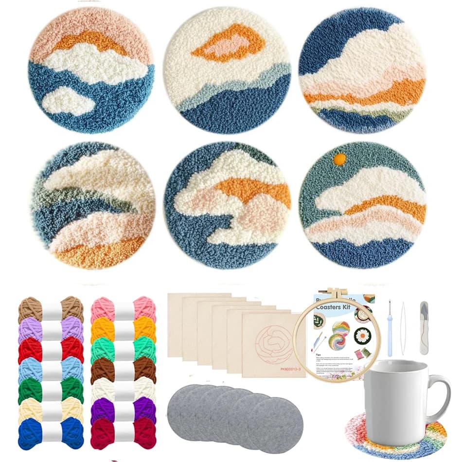 Punch Needle Coasters Kit for Beginners Scenery 6 Pattern Embroidery Punch Needle Kits Easy Tufted Rug Punch Decoration DIY Kit