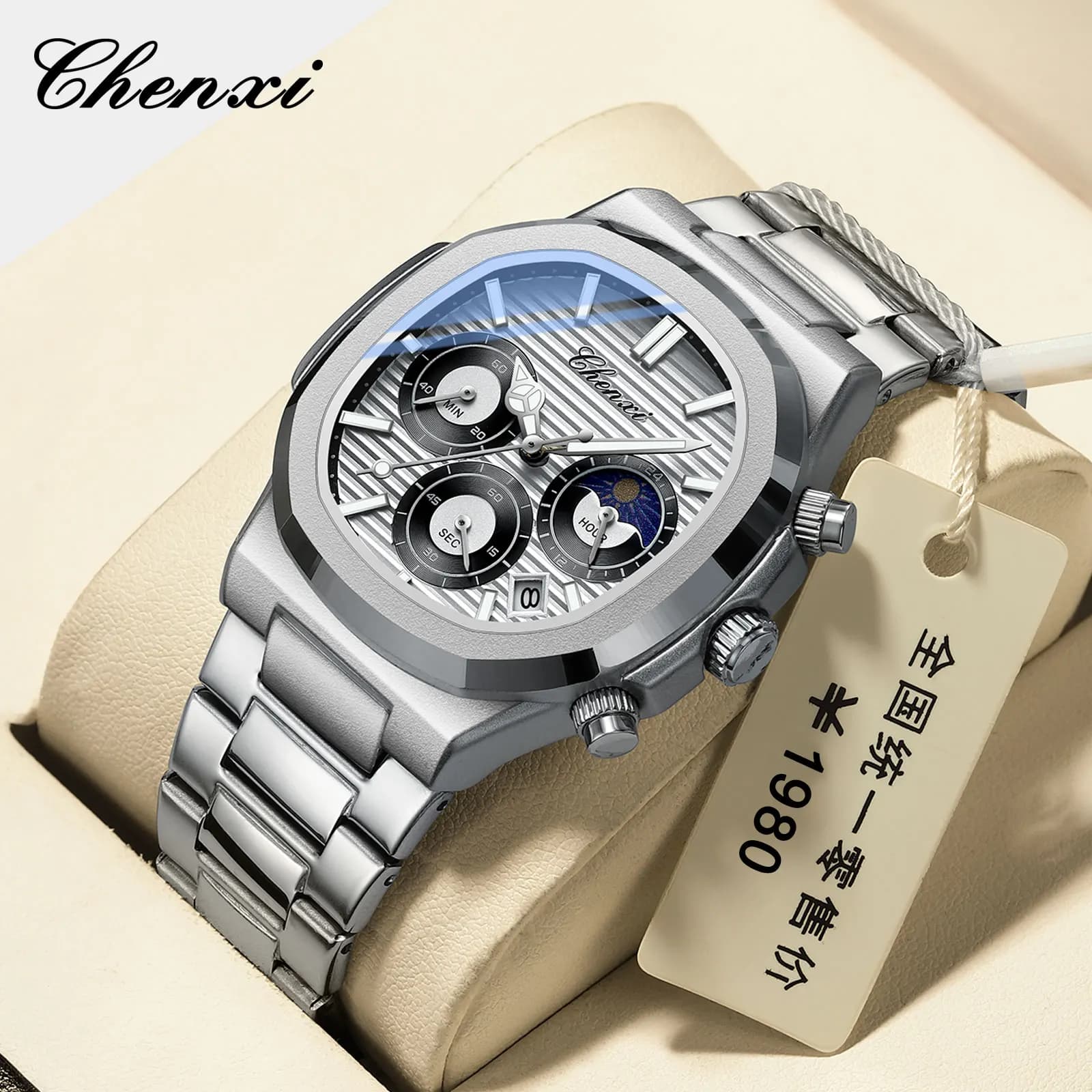 CHENXI 922 New Business Moon Phase Orologio da uomo Data Orologi da polso al quarzo con cronografo in acciaio inossidabile luminoso maschile Clcok