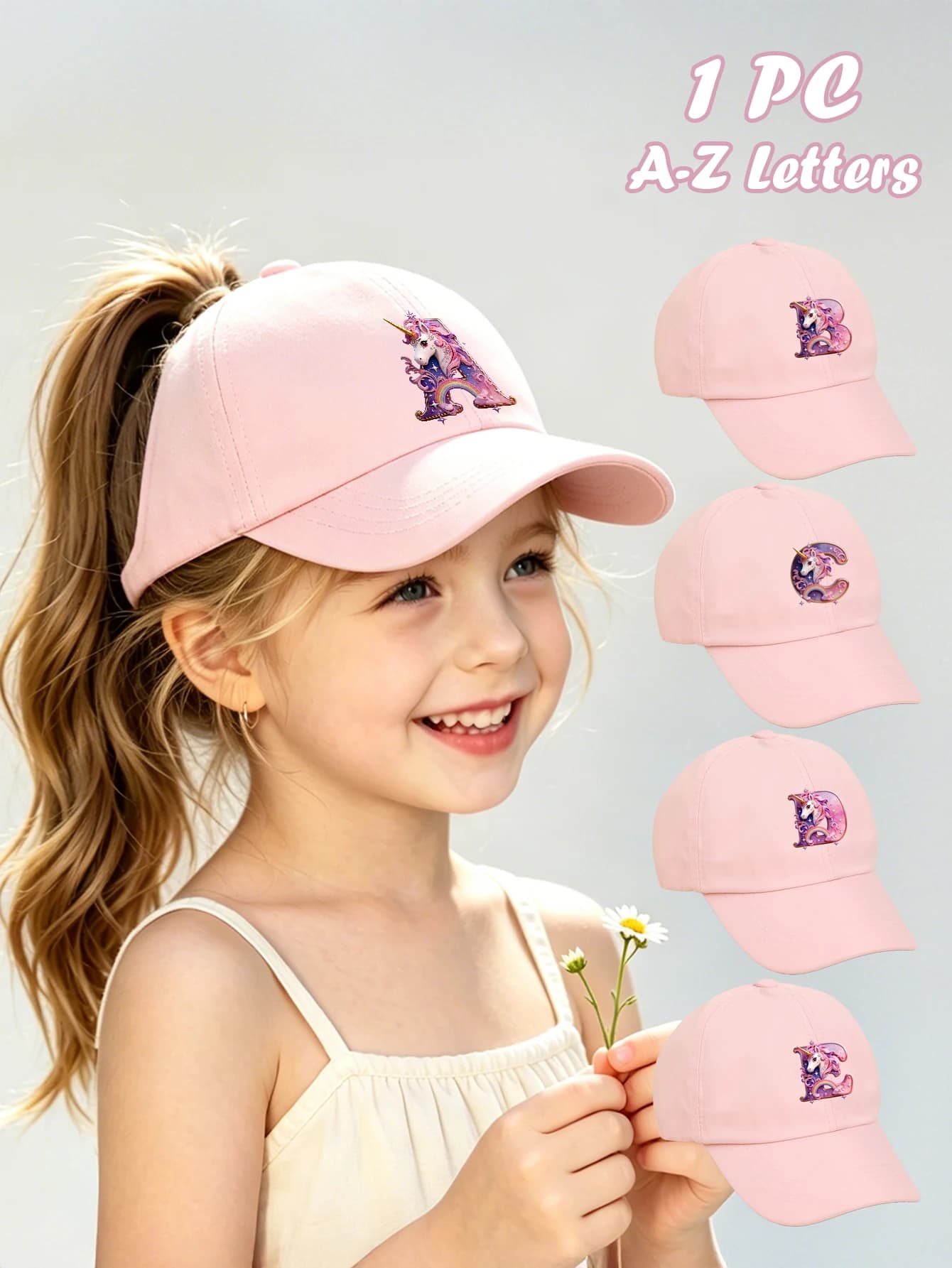1 cappello rosa per neonati, berretto da baseball regolabile per bambini con lettera A-Z, unicorno arcobaleno - cappello da sole traspirante per ragazzi e ragazze A