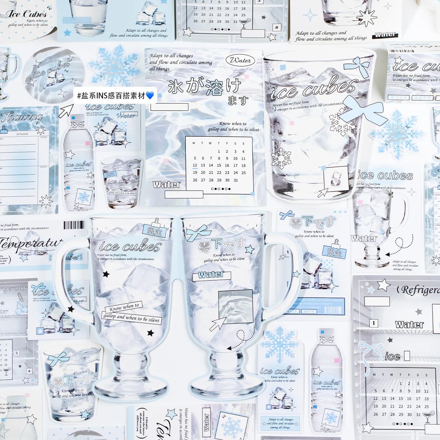 22 Pezzi Serie Cubetti di Ghiaccio con Sale Marino, Adesivi Decorativi Kawaii Invernali, Kit Creativo per Scrapbooking e Estetica Fai-da-Te