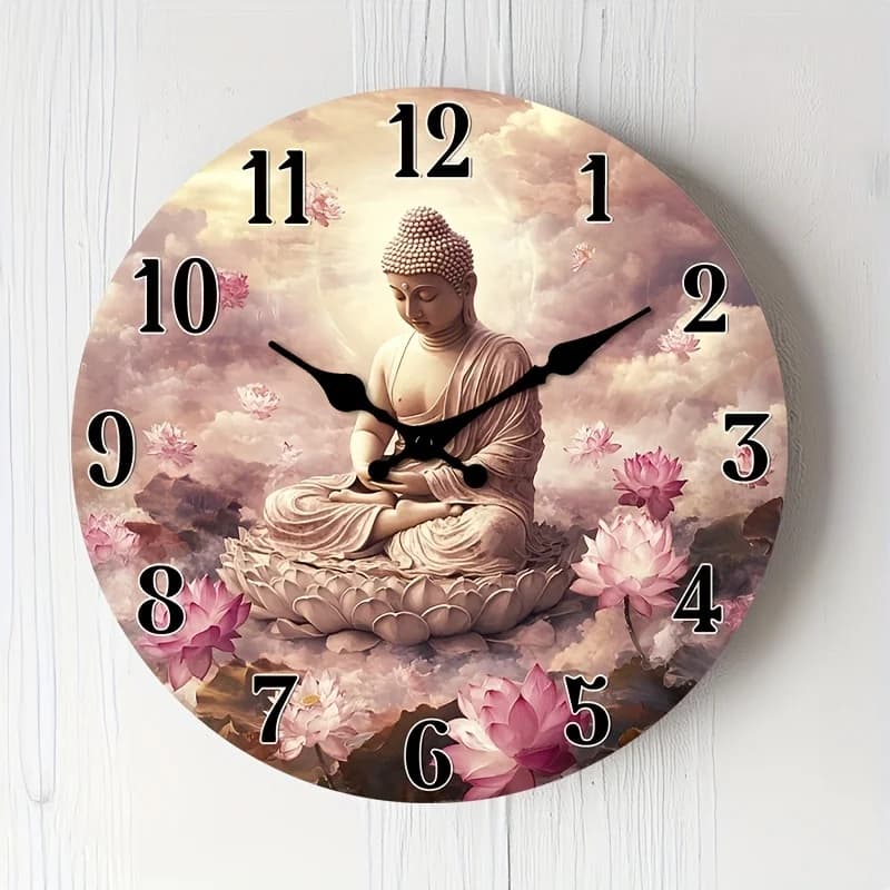 1 orologio da parete silenzioso che non ticchettia, con un design decorativo circolare raffigurante un sereno paesaggio circondato da fiori di loto, Su