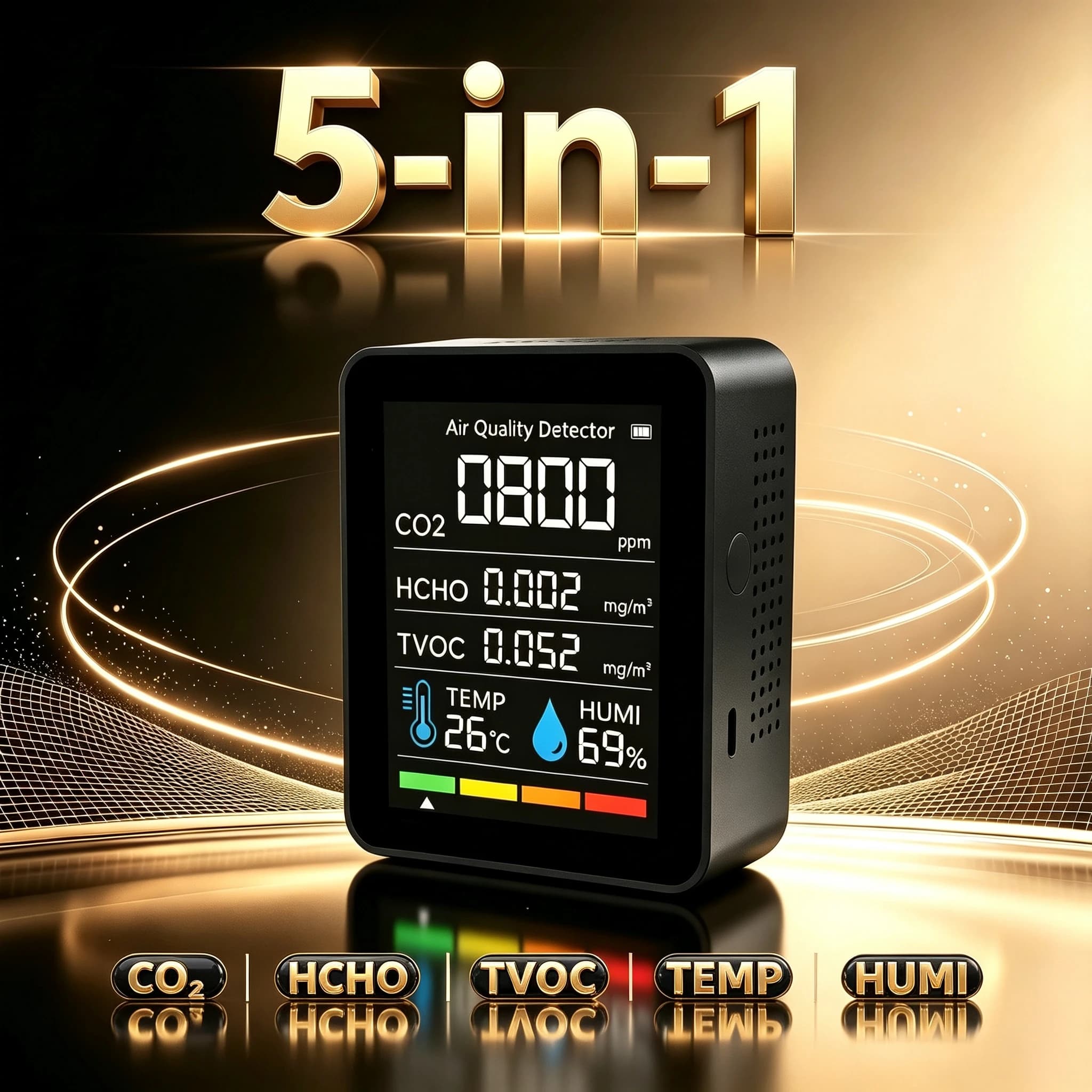 2CO3T, 7-in-1 Smoke Alarm, Carbon Dioxide CO2, AIQ Formaldehyde TVOC, Alarm Air Quality Detector
