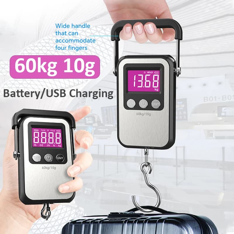 60kg 10g Bilancia digitale portatile Bilancia elettronica per bagagli Batteria/Ricarica USB LCD Gancio sospeso Bilancia Bilancia