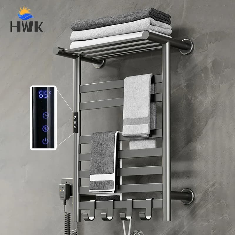 Black/White/Towel Grid. Digital display Electric towel rack with shelf. Bath temperature control Scaldasalviette in time.