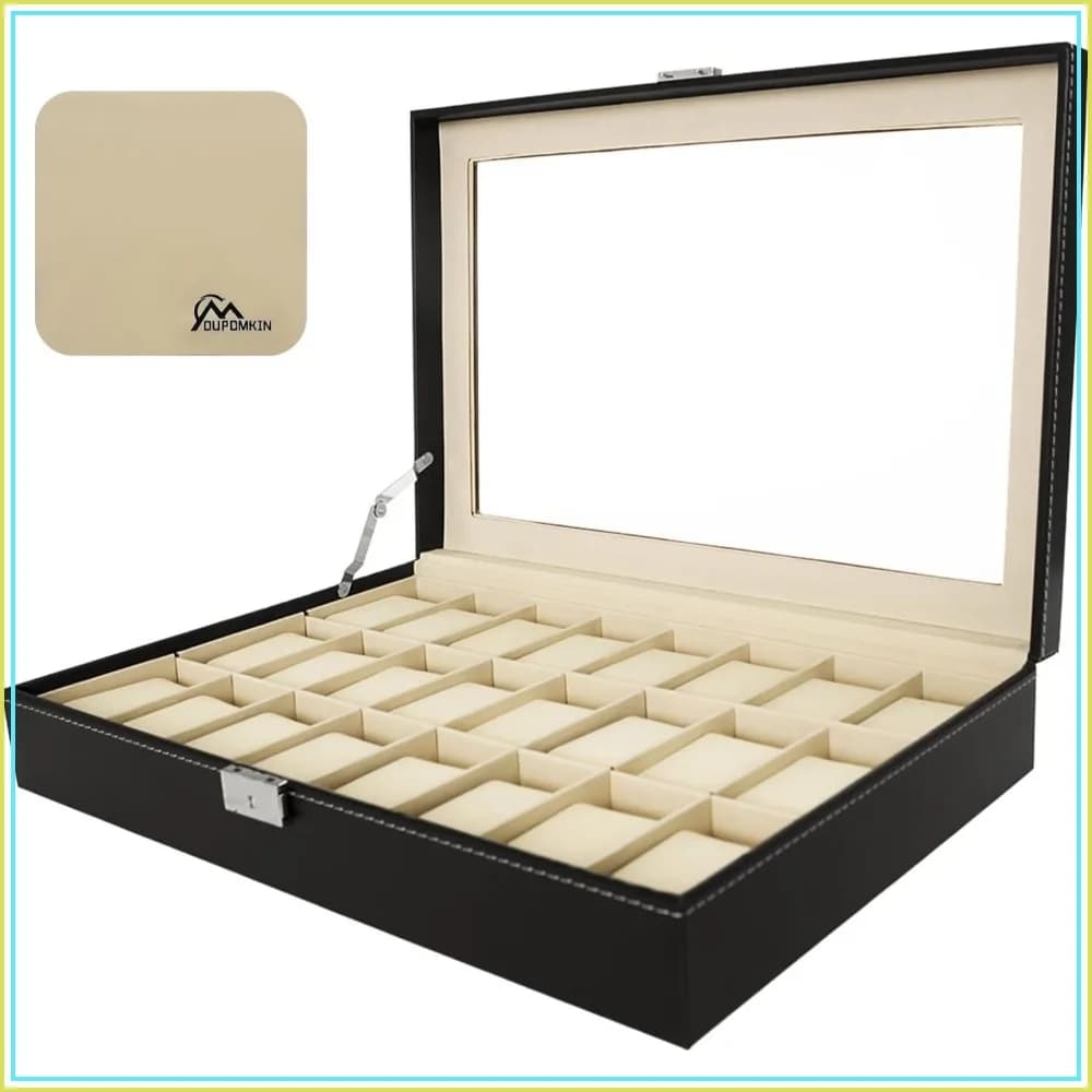 24-Slot Watch Box, Elegant PU Leather Display Case with Removable Pillows for Men and Women