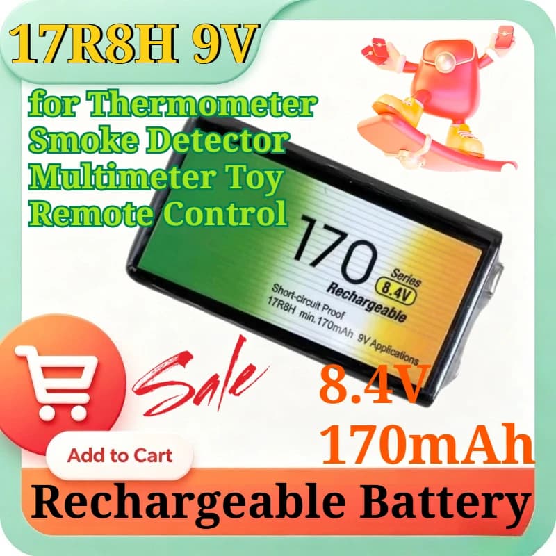Batteria Ricaricabile 17R8H 9V, 8.4V 170mAh Ni-MH per Termometro, Rilevatore di Fumo, Multimetro, Giocattoli, Telecomandi e Accessori