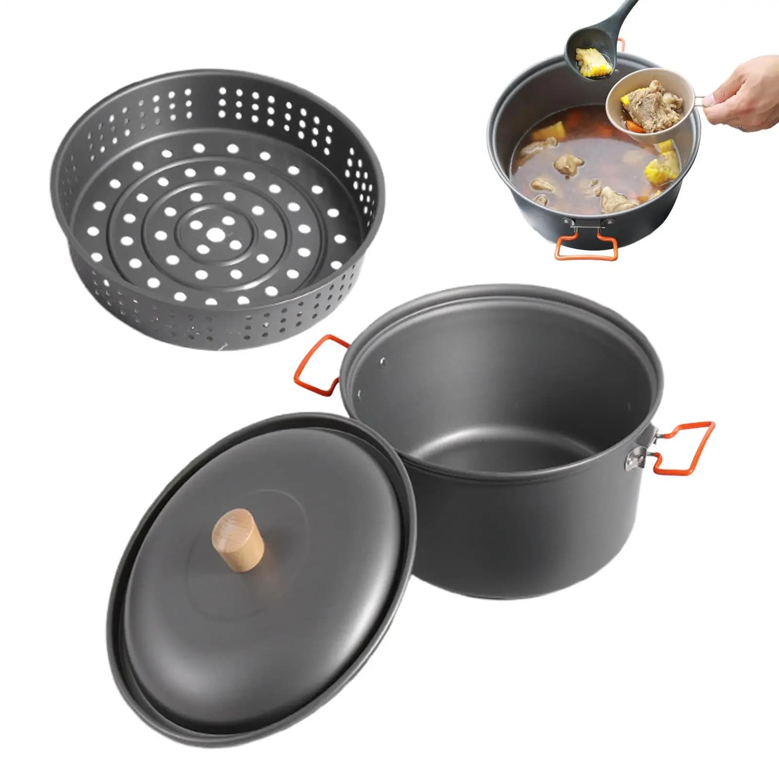 Set da Cucina Portatile da 7,5L per Campeggio e Picnic, Pentola in Lega di Alluminio, Padella, Bollitore e Vaporiera