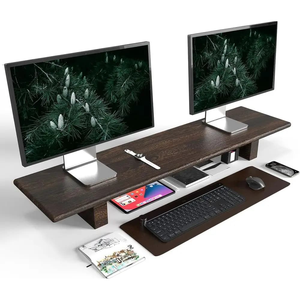 Supporto Rustico per Monitor da Scrivania con Vano Portaoggetti, Grande Supporto per Doppio Monitor o Laptop, Perfetto Organizzatore da Scrivania con Base Integrata