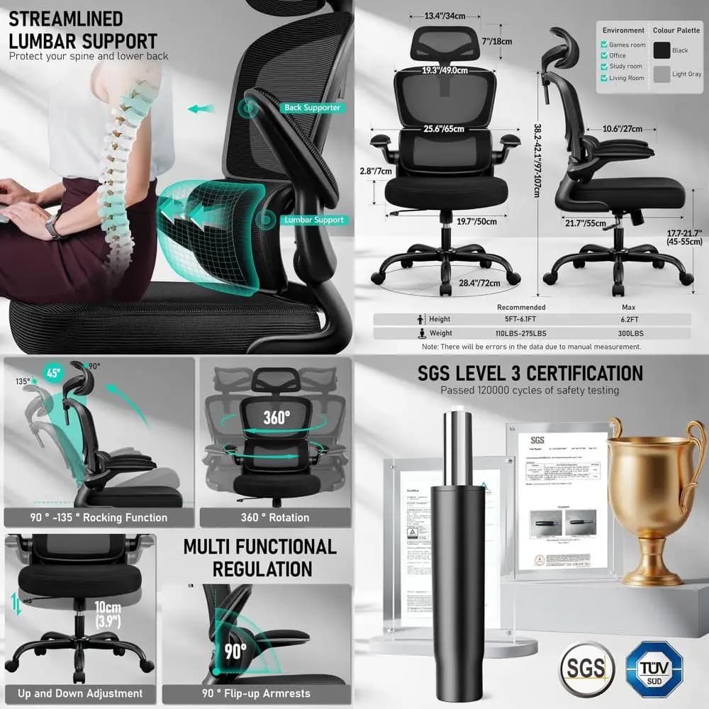 Sedia da ufficio ergonomica in rete con schienale alto con supporto lombare, poggiatesta regolabile e braccioli ribaltabili per giochi confortevoli
