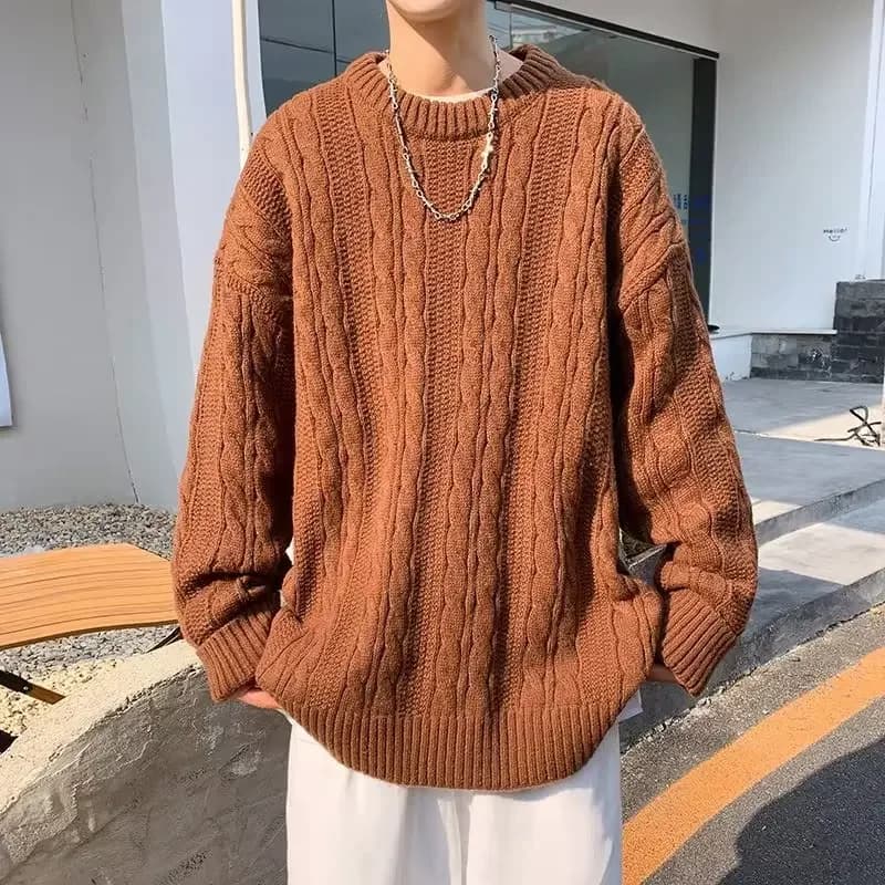 Winter Thickened O-neck Pullover Sweater Men's Japanese Retro Lazy Loose Versatile Casual Fried Dough Twists Knit Sweater Men