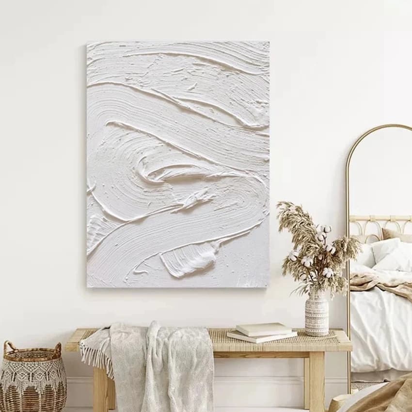 Large 3D Abstract Heavy Textured Thick Acrylic White Oil Painting Luxury Hand Drawing Canvas Art Wall Picture Mural Home Deco
