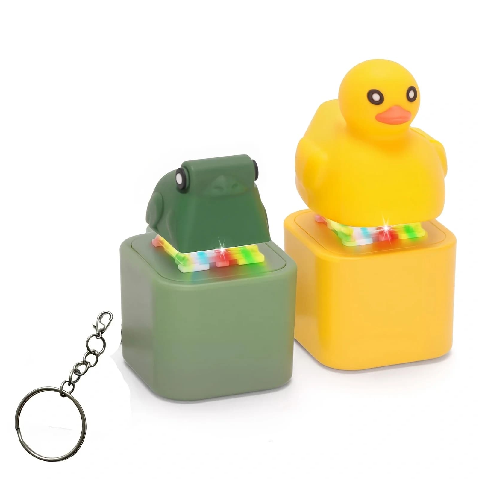 Small Yellow Duck and Frog Keychain, Duck Frog Clicker with LED Light, Adult Stress Relieving and Anxiety Sensing Toy